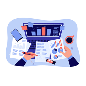A graphic containing an outsourced CFO's hands analyzing a report