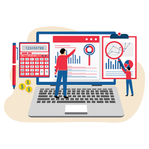 CFO and accounting services graphic with two people examining financial reports